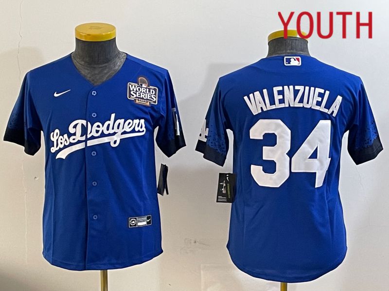 Youth  Los Angeles Dodgers #34 Valenzuela 2024 World series patch blue jersey 2024112001